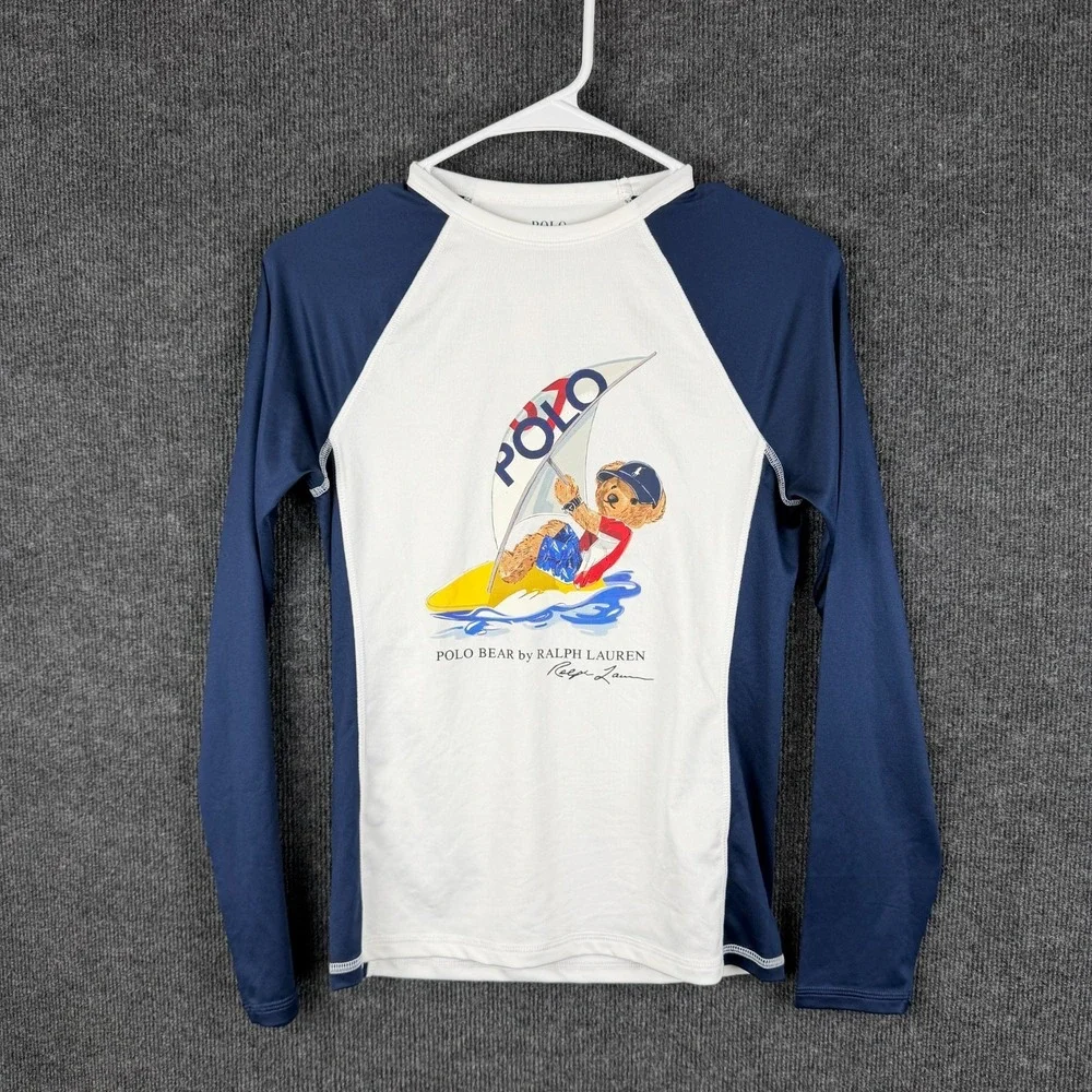 Polo Ralph Lauren Rash Guard Boys L 14-16‎ White Blue Windsurf Polo Bear Swim
